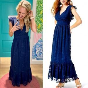 Lilly Pulitzer Womens Dress Sz 2 Navy Autumn Botanical Floral V-Neck Ruffle Midi